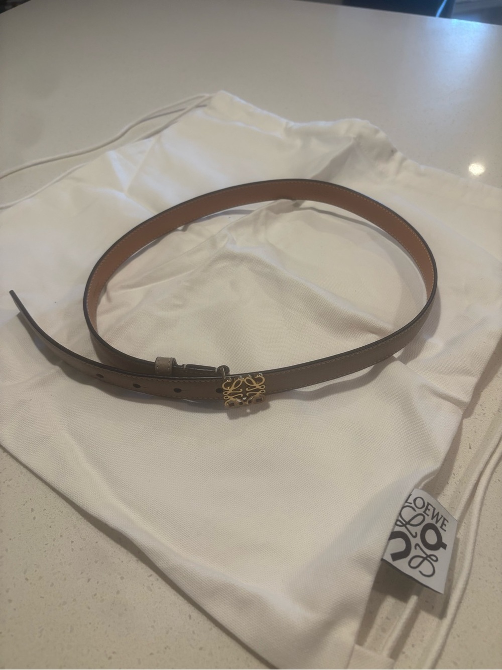 Loewe Tan Leather Slim Belt with Gold Anagram Buckle